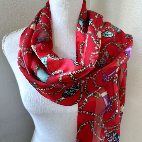 Fun Red Scarf 60" x 13" Striped Satin Sheer Decor Purses Chains Boots Hats - Picture 1 of 11